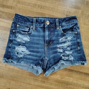 American Eagle Outfitters 360 Stretch Distressed Dark Blue Denim Shortie Shorts
